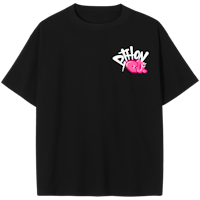 a black t - shirt with a pink logo on it