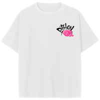 a white t - shirt with a pink logo on it