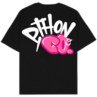 a black t - shirt with a pink logo on it